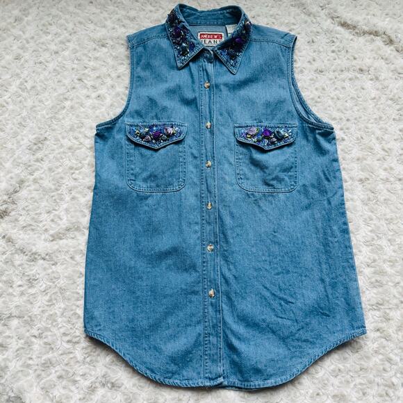 Andrew's Jeans Womens Cotton Denim Embellished Glitter Sleeveless Button Top M - Picture 1 of 10